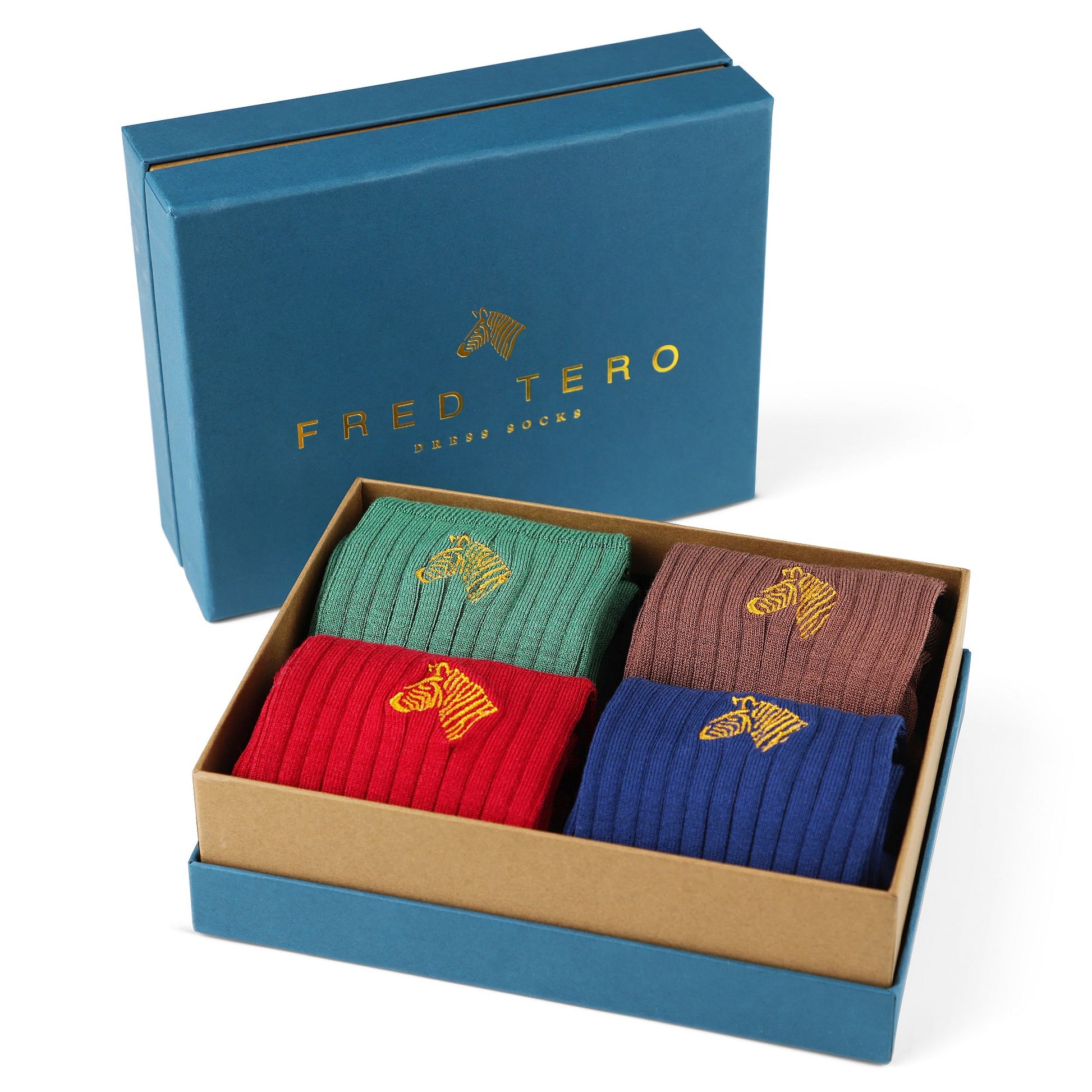 Set of four colorful men's dress socks in a branded box with 'Fred Tero' on a white background